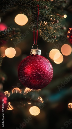 Bright Red Ornament Hangs on Christmas Tree With Blurred Lights in Background...