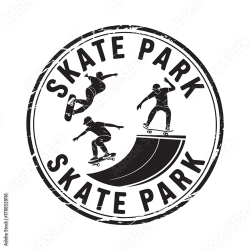 Skate park action circular emblem with skateboarders