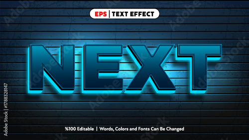 Next text effect with blue neon glow on dark brick wall background editable style and modern design for creative projects