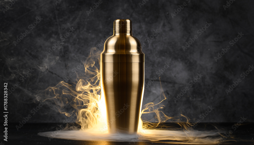 Naklejka premium Golden cocktail shaker with dramatic smoke and dry ice effect on dark background barware