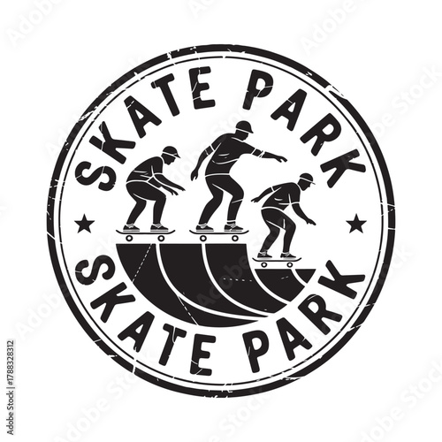 Skate park emblem with silhouettes of skaters on a ramp
