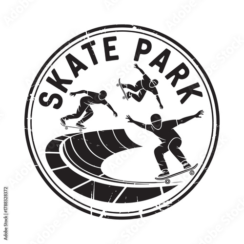 Skate park emblem with skateboarders in action