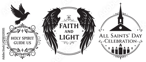 Collection of three ornate religious graphic elements featuring a dove angel wings and a church for spiritual and celebratory themes
