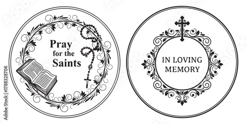 Elegant oval religious memorial card with pray for the saints and in loving memory text and ornate borders