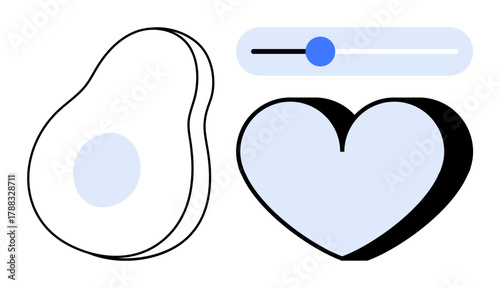 Avocado half outline, heart filled with soft blue color, and slider icon with adjustable circle. Ideal for healthy lifestyle, nutrition, love, diet concepts, wellness simplicity UI design. Clean