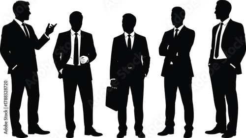 Businesspeople silhouette vector illustration in suits and ties, corporate teamwork, professional poses, black and white office concept artwork