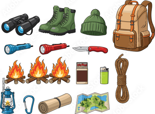 Cartoon camping gear set with backpack, boots, flashlight, knife, map, lantern, campfire, rope, and outdoor essentials vector.