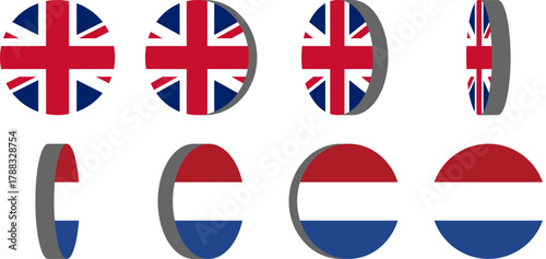 3D Style 8-Frame Sprite Sheet of Rotating Round Circular United Kingdom and Netherlands Flags for English and Dutch Language Selection 2D Animation in Game and App Interface. Vector Image.