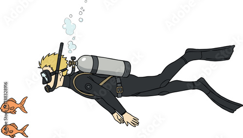 Cartoon scuba diver underwater with snorkel and oxygen tank, swimming near fish, bubbles, coral reef, ocean exploration vector art