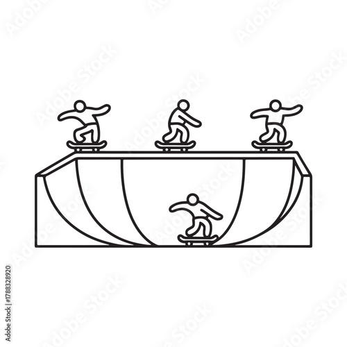 Skateboarders performing tricks on a halfpipe ramp illustration