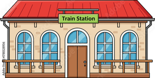 Cartoon train station building with red roof, arched windows, wooden door, brick walls, signage, and platform railing in vector style.