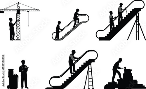 Construction Worker Silhouettes Performing Crane Operation, Escalator Maintenance, Bricklaying, Inspection, and Industrial Repair Tasks in Black Vector Style