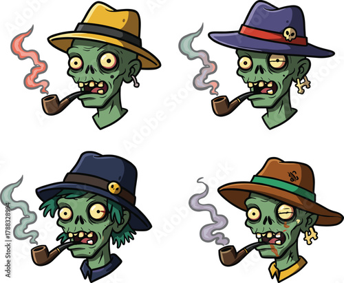 Cartoon zombie heads with stylish hats and smoking pipes — humorous undead character set blending horror, fashion, and playful design.