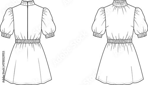 Puffed sleeve dress fashion sketch with gathered neckline, fitted waist, flared skirt, front and back technical view for garment design