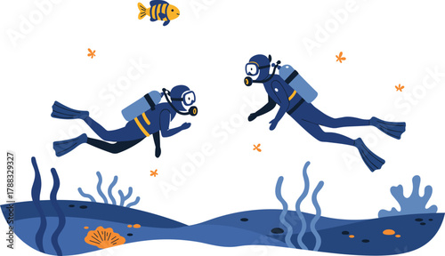 Underwater scuba diving scene with two divers, coral reef, striped fish, seaweed, bubbles, marine life, ocean exploration vector illustration