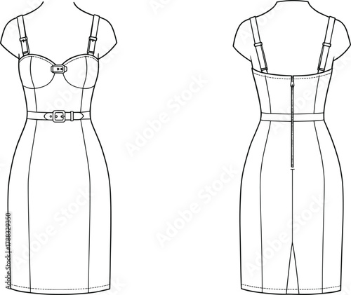 Structured dress sketch with bust cups, shoulder straps, waist buckle, zipper back, technical front and back fashion illustration vector