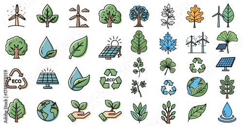 Collection of hand drawn eco friendly symbols and icons representing nature sustainability and renewable energy resources