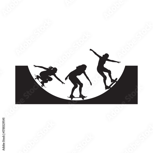 Skateboarder performing tricks in a halfpipe silhouette