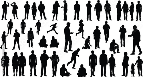 People silhouette, human poses, walking figures, sitting posture, talking interaction, black silhouettes, everyday activity, motion study, social behavior, white background