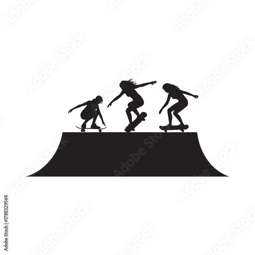 Silhouettes of skateboarders performing tricks on a ramp