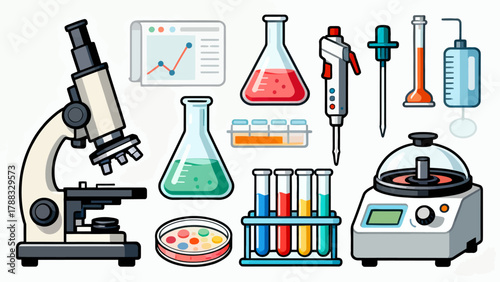 Laboratory items collection, cartoon hand-drawn vector illustrations, test bottles, vessels, microscopes, goggles, petri dishes, test tubes, measuring cups, measuring instruments