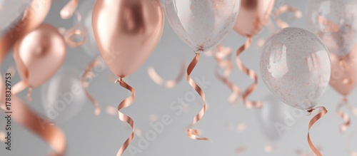 Decorative White Balloons With Rose Gold Ribbons Against a Light Background f...