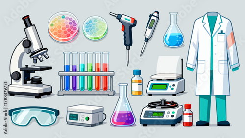 Laboratory items collection, cartoon hand-drawn vector illustrations, test bottles, vessels, microscopes, goggles, petri dishes, test tubes, measuring cups, measuring instruments