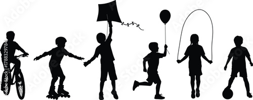 Children silhouette playing outdoors, biking, skating, kite flying, balloon running, jumping rope, soccer fun, active kids, childhood activity, recreation, fitness
