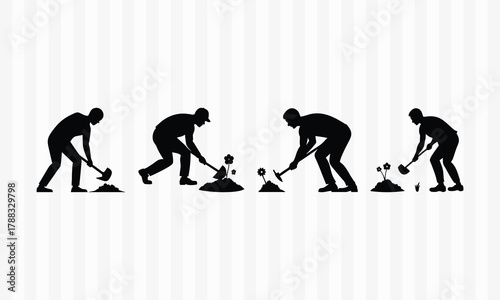 Gardener Silhouette Digging Flowers Black Vector Illustration for Gardening Design