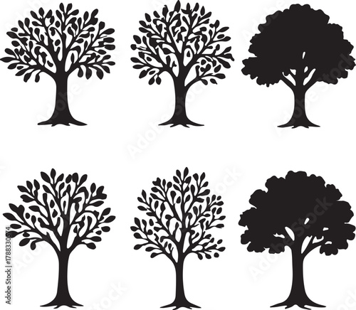 Set of 6 Diverse Tree Silhouettes for Logo and Nature Design