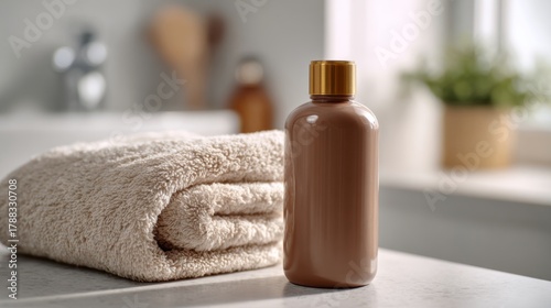 A sleek brown bottle of shampoo beside a neatly rolled beige towel, set in a bright and calming bathroom environment.