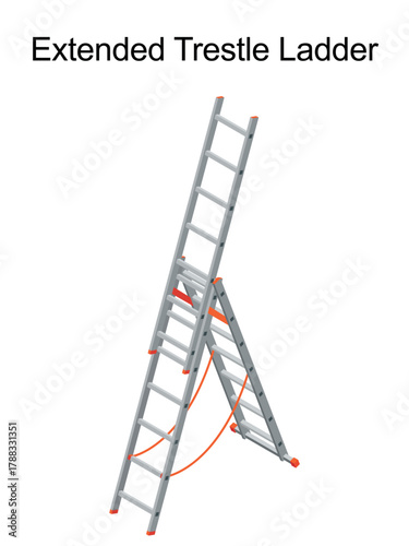 Extended Trestle Ladder for higher reach, expandable ladder for working at height in ladder safety for Trestle Ladders with stand support, Extended Trestle Ladder with legs. Industrial  work with ladd