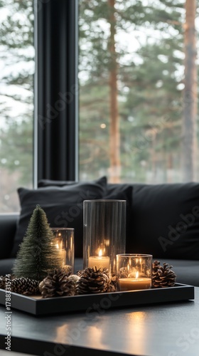 Cozy Indoor Setting With Candles and Pinecones in a Modern Living Room During...