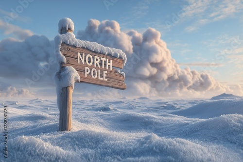 Winter Wonderland Scene at North Pole With Signpost and Snow-Covered Mountains
