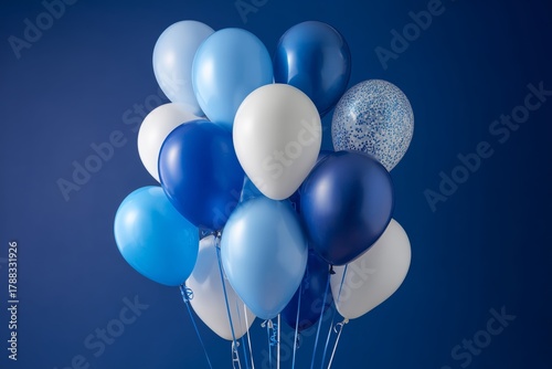 Bright Balloons in Various Shades of Blue and Silver Against a Dark Blue Back...