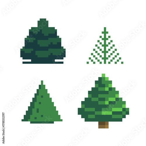 Pixel trees set, Evergreen tree, 8bit sprite fir-tree isolated vector illustration. Game assets. Element design for stickers, embroidery, mobile app. 8-bit sprite