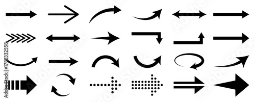 Arrow. Collection of black arrow icons in curved, straight, circular, and dotted styles. Perfect for navigation, infographic flowcharts, presentations, motion graphics, or direction sign and symbol.
