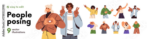 Happy men and women posing set. Smiling people in stances playing positive emotions for photo portraits. Hand gestures, face expressions. Flat graphic vector illustrations isolated on white background