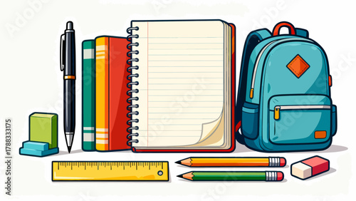 A collection of school supplies, cartoon hand-drawn vector illustrations, rulers, erasers, pencils, books, schoolbags, compasses, pencil sharpeners, pens, scissors