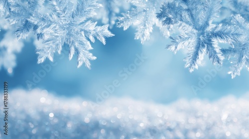 Delicate ice crystals glisten in a serene winter scene, capturing the beauty of snowflakes against a soft blue background.