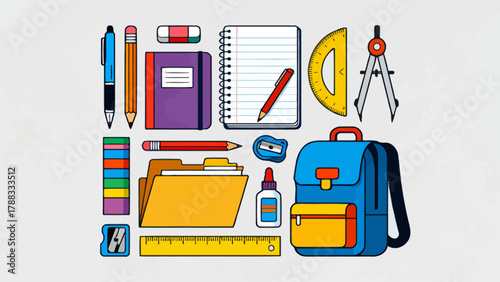 A collection of school supplies, cartoon hand-drawn vector illustrations, rulers, erasers, pencils, books, schoolbags, compasses, pencil sharpeners, pens, scissors