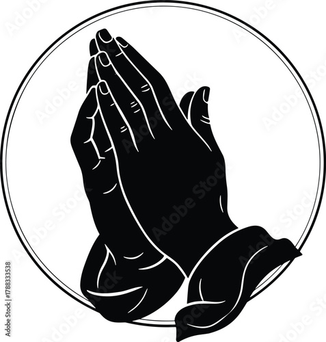 Praying hands in a circle silhouette emblem. Religious sign for prayer. Faith symbol in black and white flat vector design