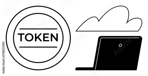 Circular token labeled with TOKEN next to laptop and cloud icon symbolizing digital security, data access, blockchain, decentralized systems, and seamless cloud integration. Ideal for cybersecurity