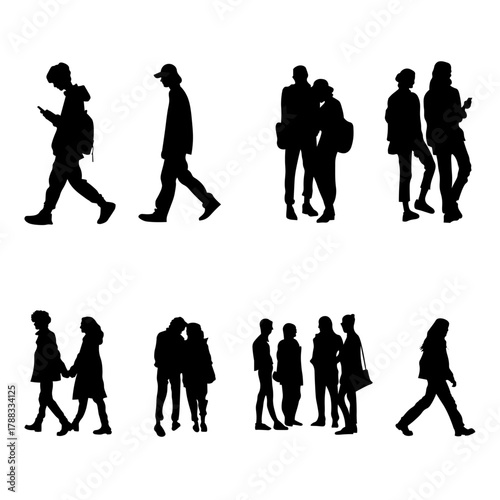 A modern vector set of 10 people silhouettes captured in motion — walking, standing, talking, and holding phones or bags. These urban figures represent real-life street dynamics, perfect for architect