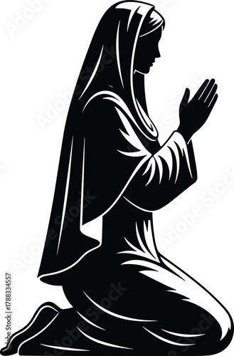 Kneeling woman silhouette in prayer isolated illustration. Praying woman with head covered vector graphic design background