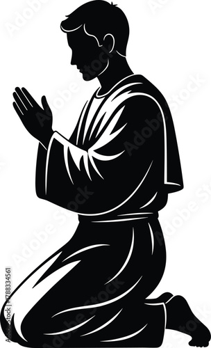 Kneeling man silhouette in prayer isolated illustration. Praying man with head bowed down vector graphic design on background