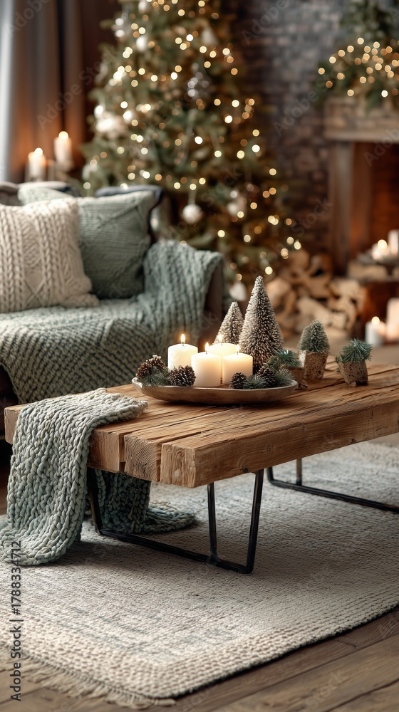 Fototapeta premium Cozy Living Room Decorated With Holiday Lights and Festive Touches During Winter Season