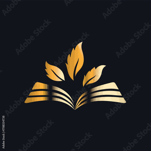 Elegant Golden Open Book with Abstract Leaves Illustration on Dark Background Representing Knowledge, Wisdom, and Growth