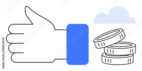Hand giving a thumbs-up beside stacked coins and a cloud symbol. Ideal for investment, savings, financial success, digital economy, cloud services, rewards, and business support. Simple flat metaphor