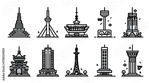 Pixel art vector icons of diverse architectural structures, tall buildings, and abstract city towers in outline style